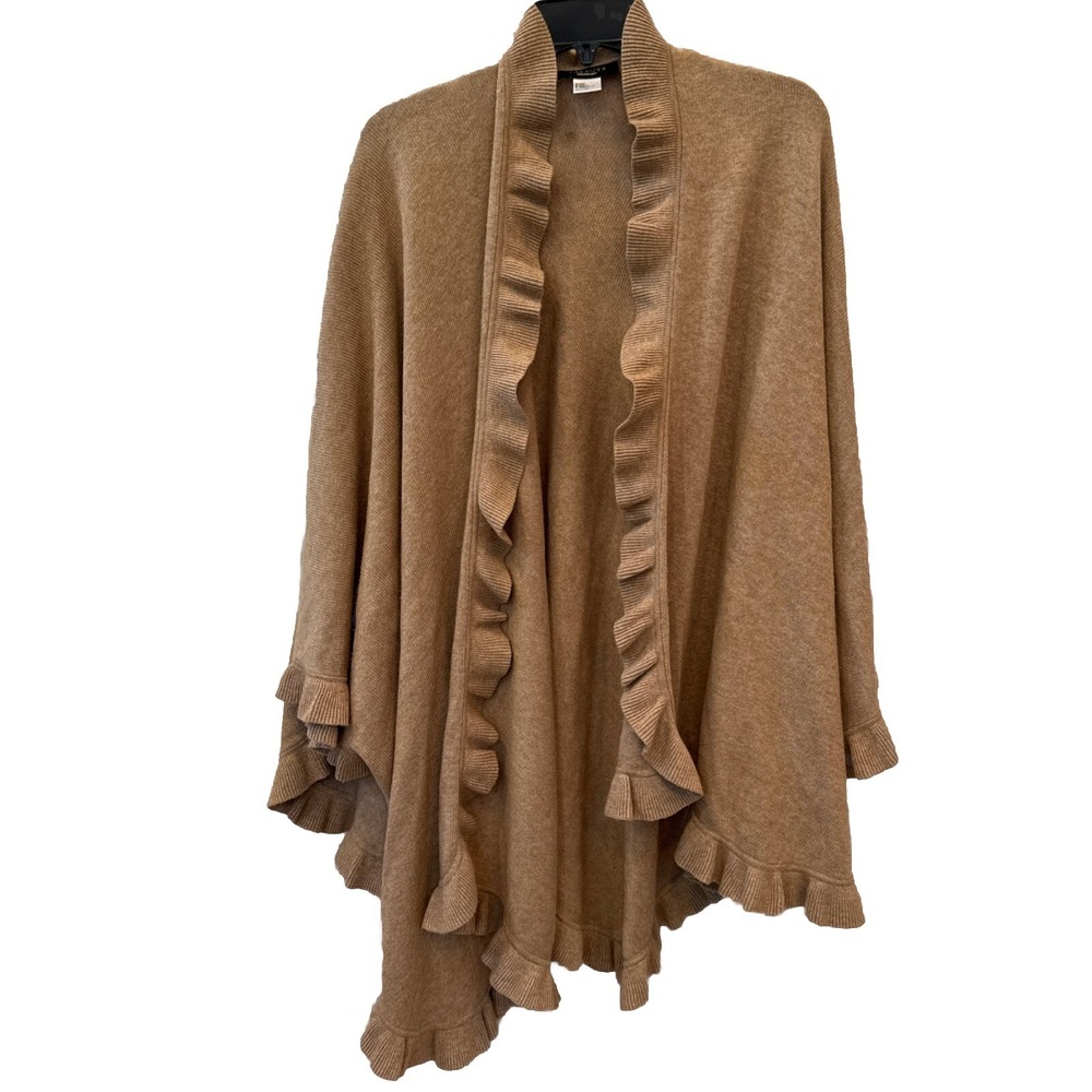 Talbots O/S L XL 1X 2X 3X Beige Throw-Over Ruffled Lagenlook Wool Poncho Sweater